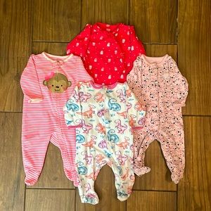 SET OF FOUR INFANT GIRL FOOTED PAJAMAS : SIZE 3-6 MONTHS